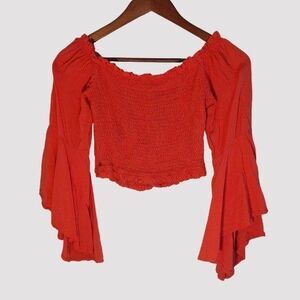 Off Shoulder Boho Crop Top Sz XL Bell Sleeve Romantic 70s Desert Fairy Festival